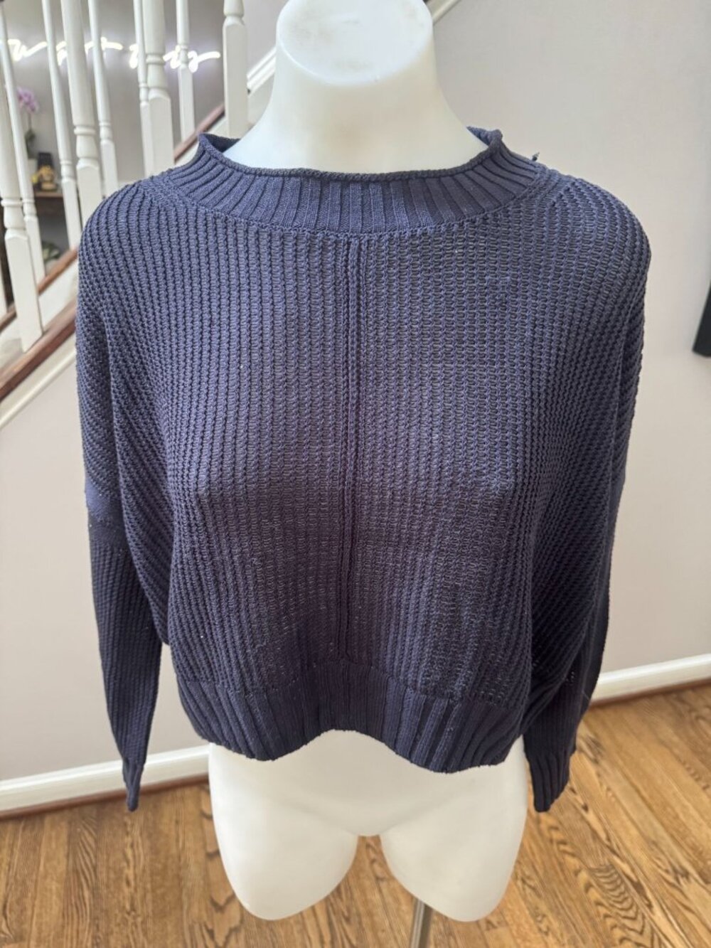 VINCE Front Seam 100% Cotton Knit Crop Sweater Navy Blue Size XS